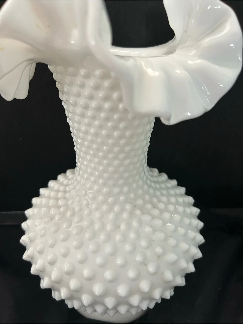 Fenton White Milk glass Hobnail Ruffled Crimped Top Vase